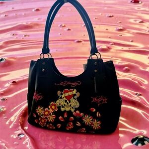 NEW Ed Hardy Black Floral Love Kills Slowly Skull Tattoo Bag 14"x12"x5" NWT